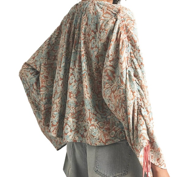 Anthropologie Long Sleeve Peasant Blouse in Blue & Tan Size Small - Picture 2 of 6